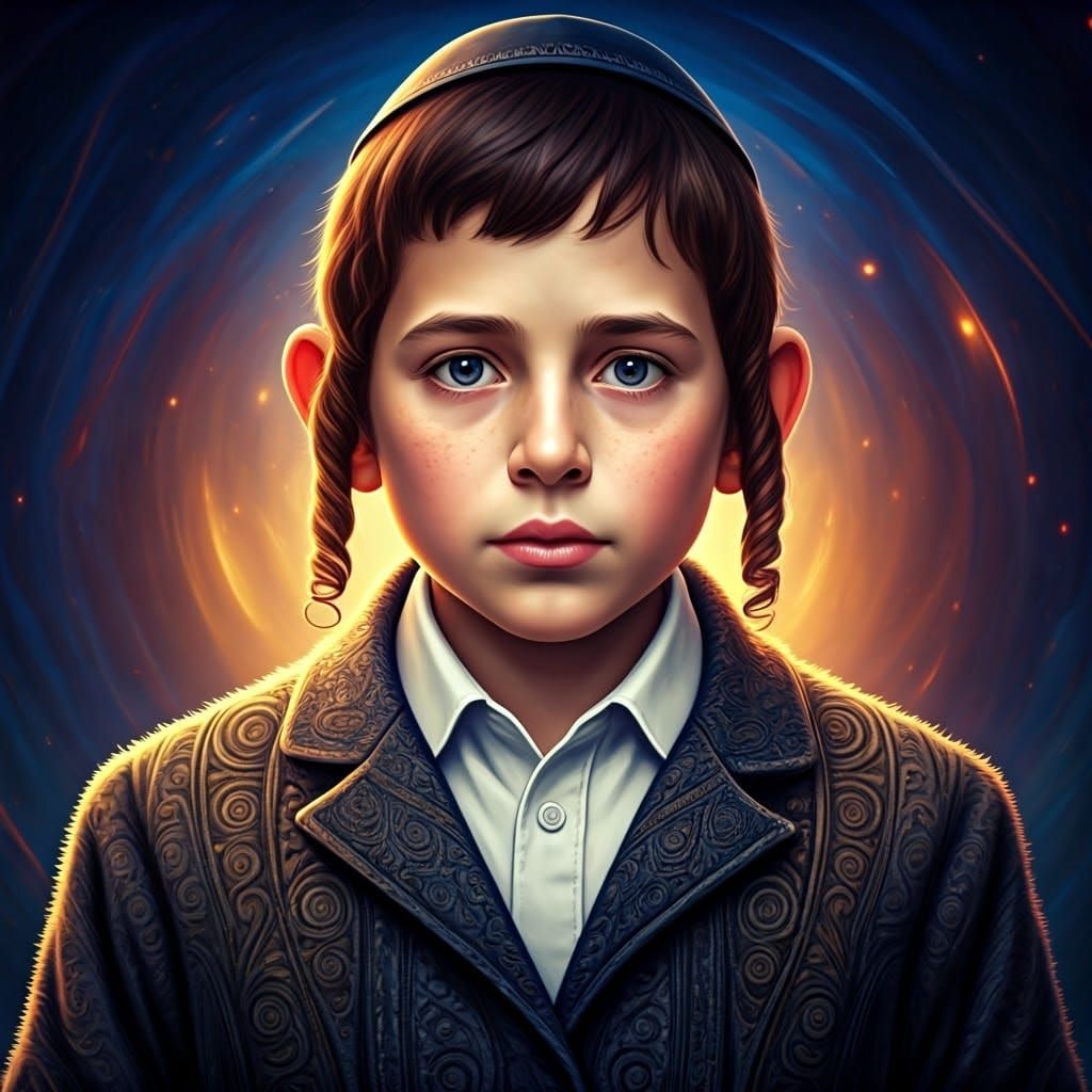 Mystical Hasidic Boy in Vibrant, Swirling Patterns