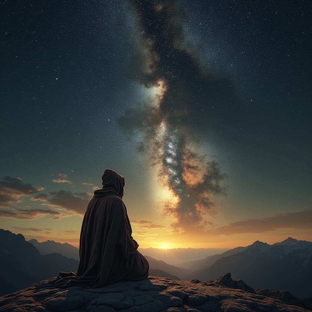 Lone Pilgrim Gazing at Starry Night Sky