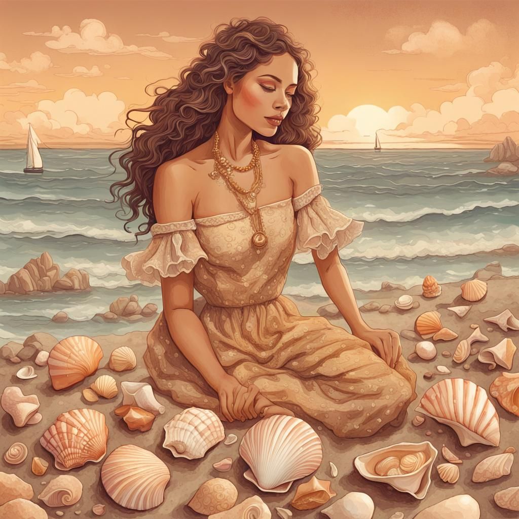 Woman Selling Seashells: Whimsical Golden Hour Illustration