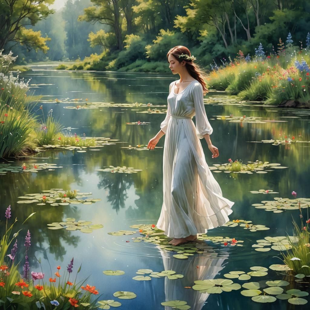 Woman in White Dress by Pond, Watercolor Style