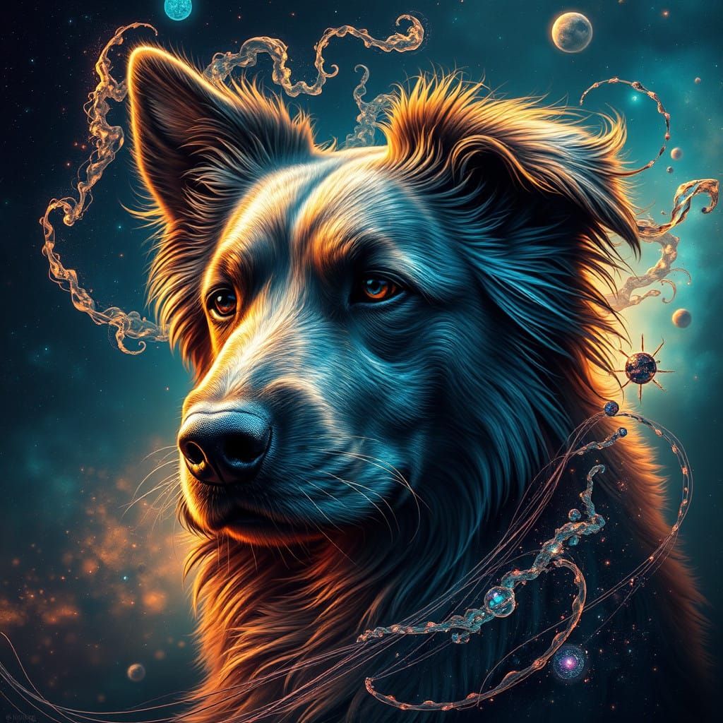 Vibrant Cosmic Canine in Dreamlike Nebula Landscape