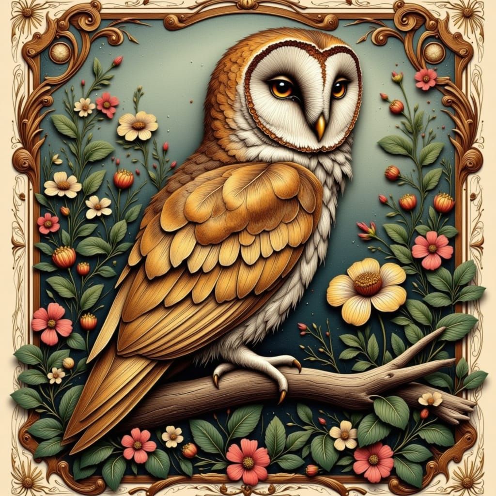 Majestic Barn Owl on Textured Branch in Neo-Traditional Styl...