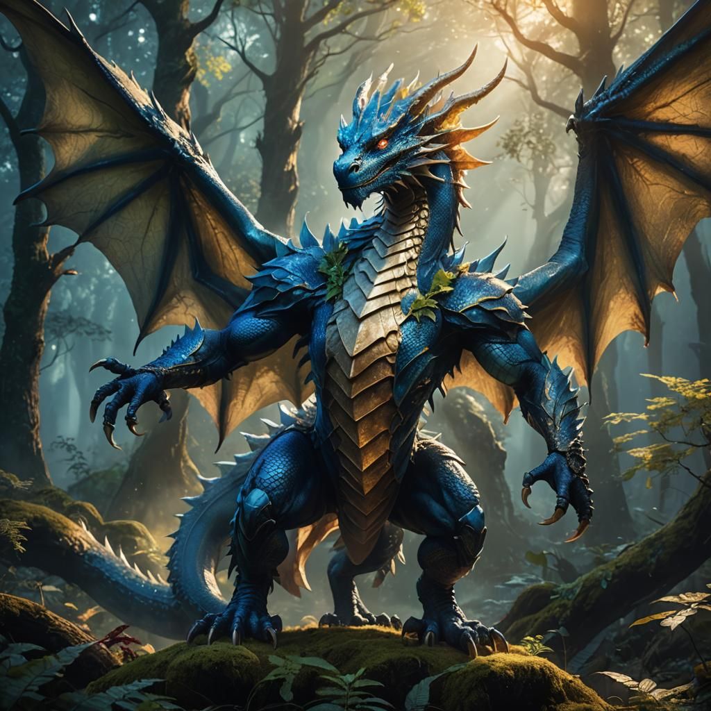 Heroic Dragon-Humanoid in Mystical Forest: Fantasy Illustrat...