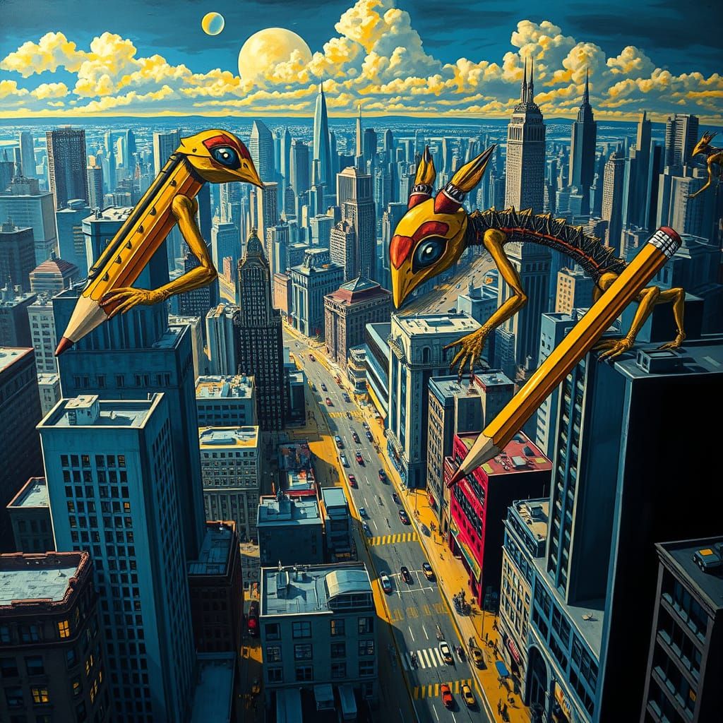 Sentient Pencils Reshape Surreal Cityscape