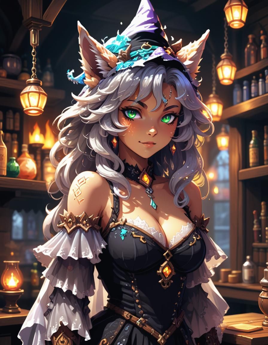 Pixel Art Lynx Witch in Fantasy Tavern