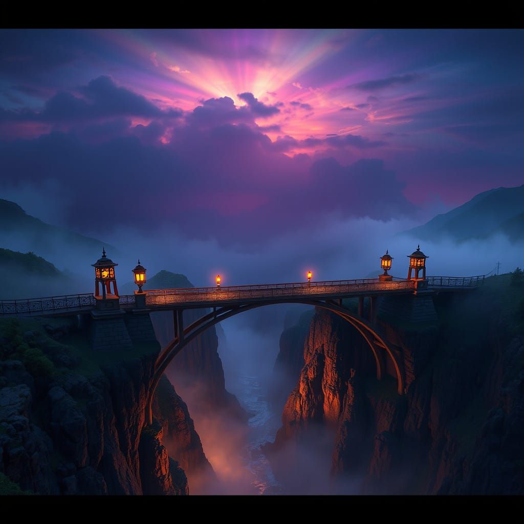 Shimmering Night Bridge Across Mystical Chasm