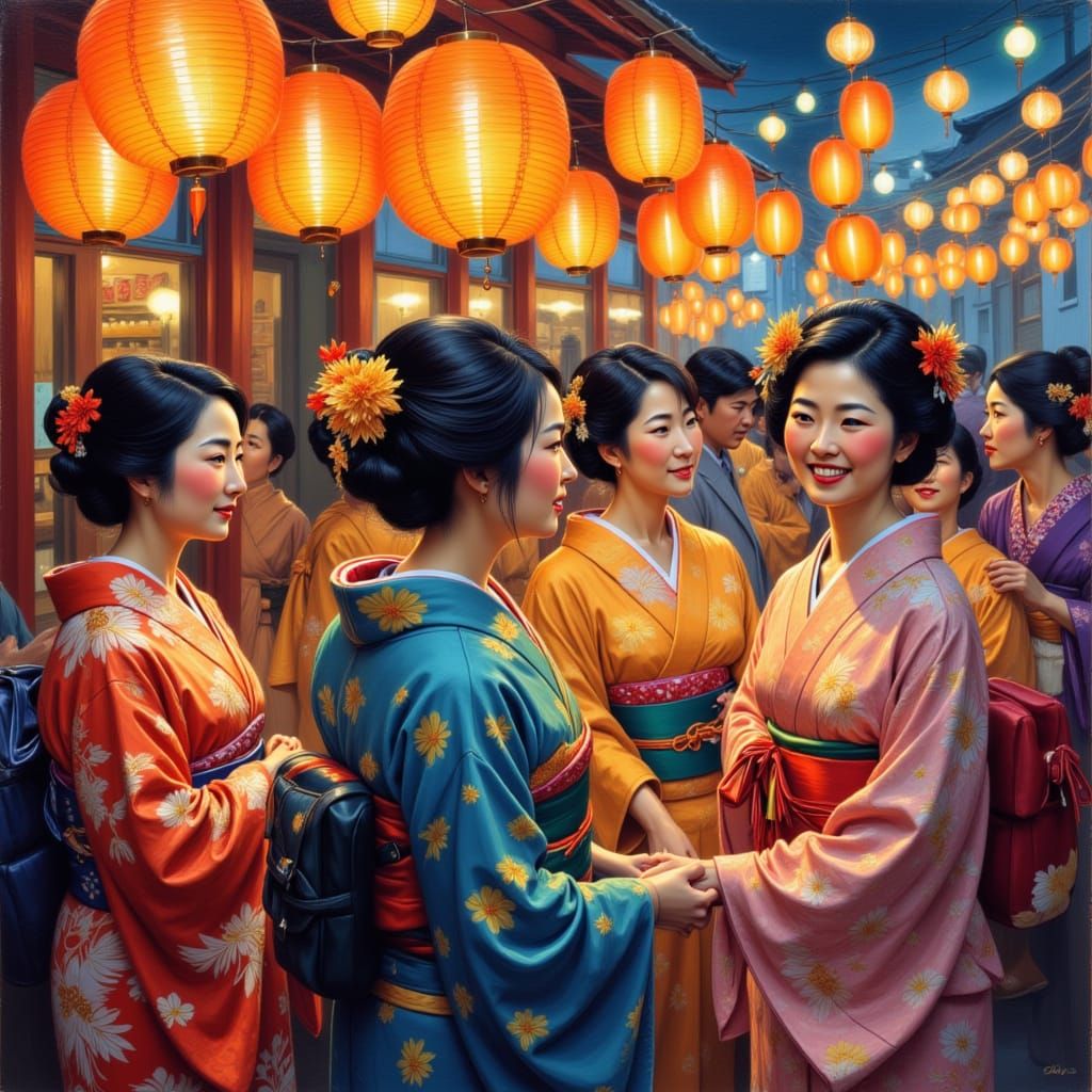 Japanese women wearing Yukatas at a festival<lora:Asian Aesthetic:1.0>