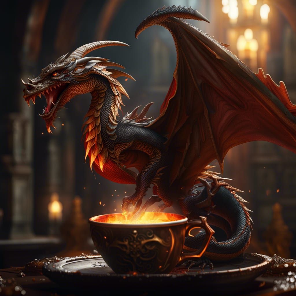 Dragon and Phoenix Sip Tea: Dark Fantasy Art