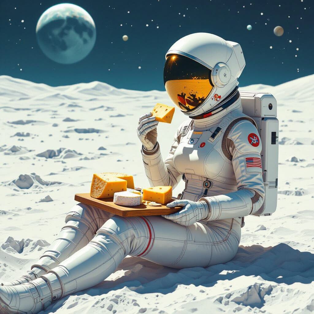 Woman Enjoys Cheese Board on Moon in Retrofuturistic Style