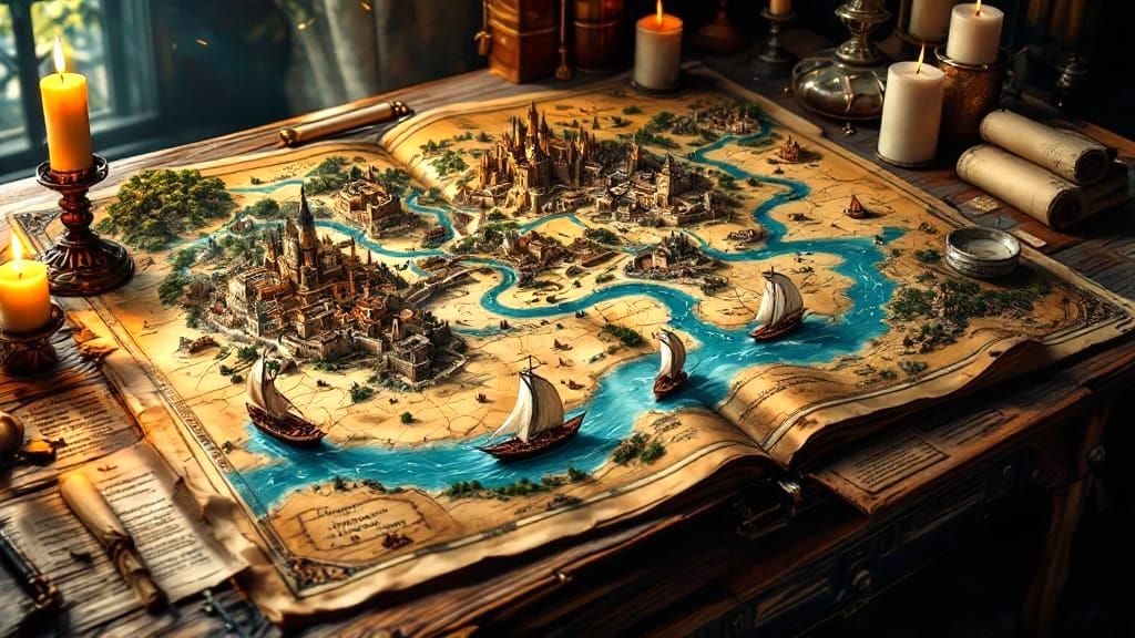 Surreal Fantasy Map Unfolds on Gritty Wooden Desk