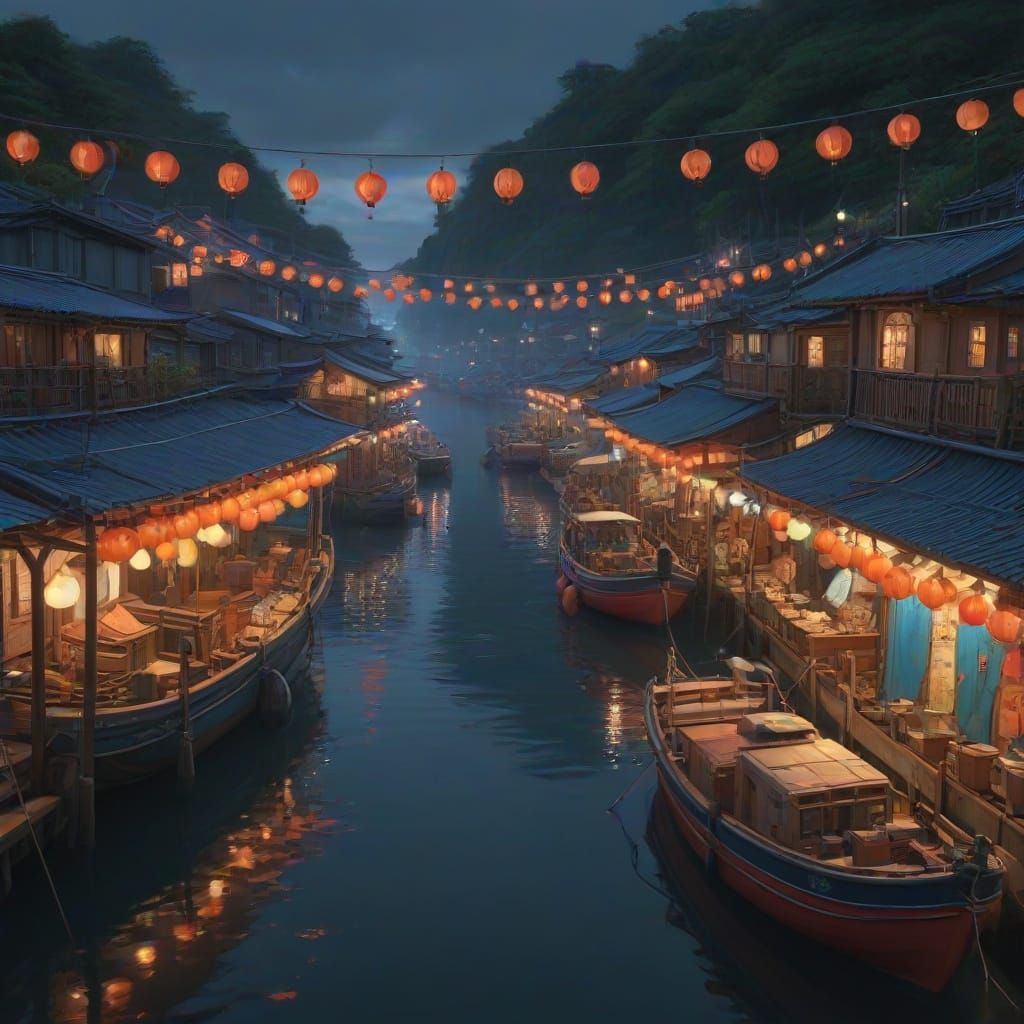 Fishing Harbor at Dawn in Studio Ghibli Style