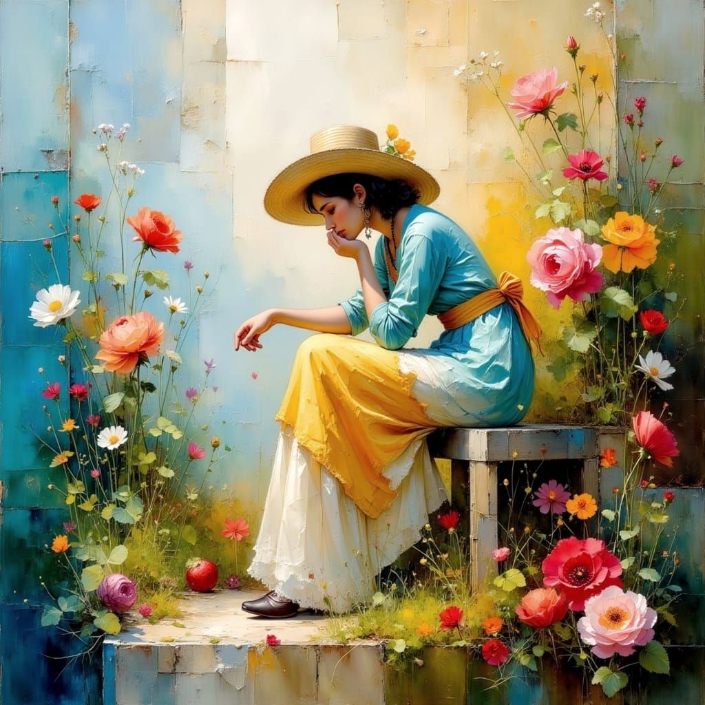 Ethereal Cowboy Landscape with Rose and Dog in Vibrant Color...