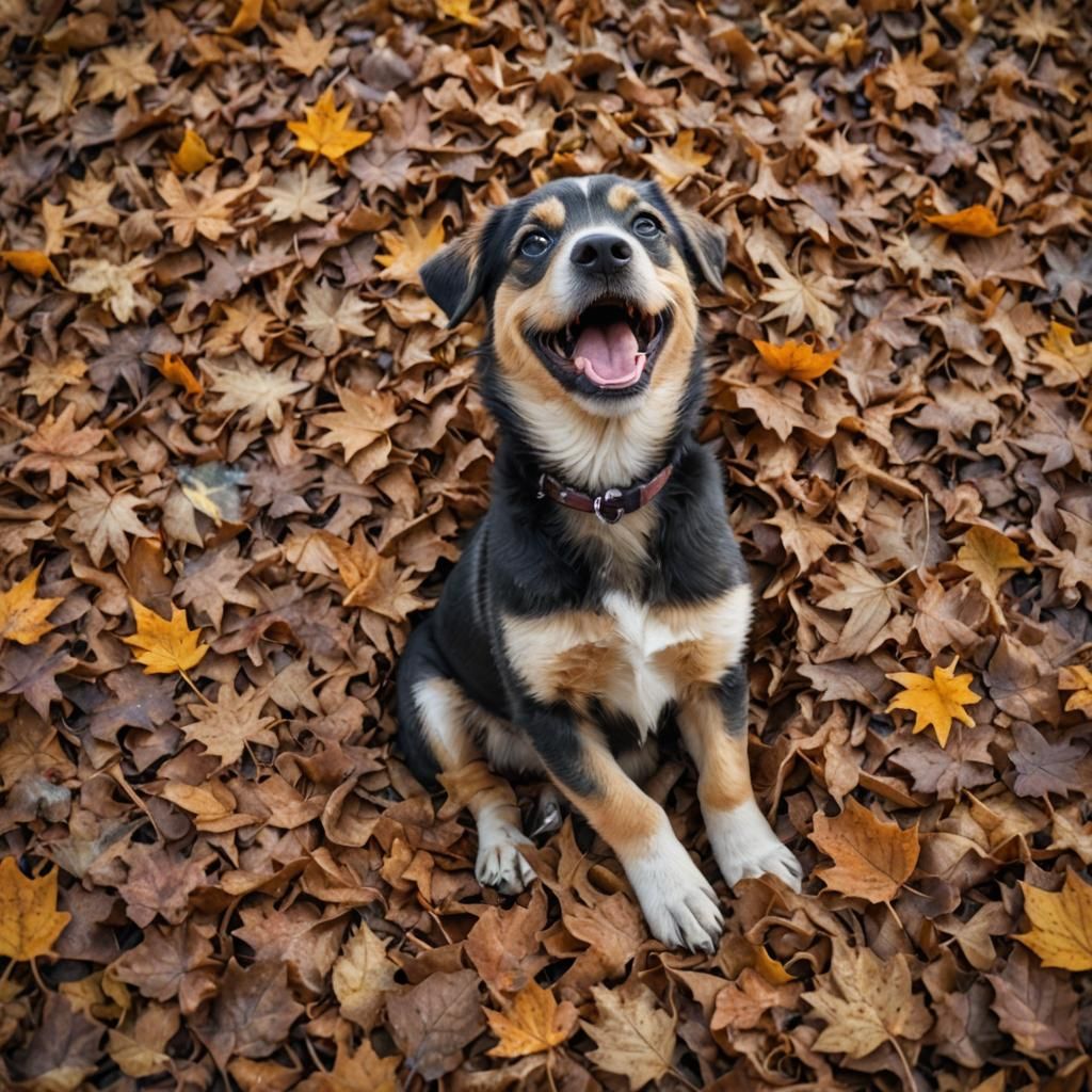 Happy Puppy Playing in Autumn Leaves