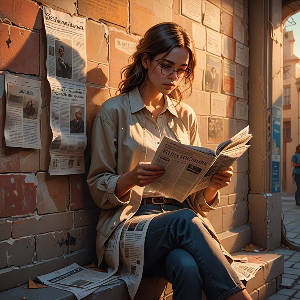 Girl Reading Newspaper in Vibrant Fantasy Art Style