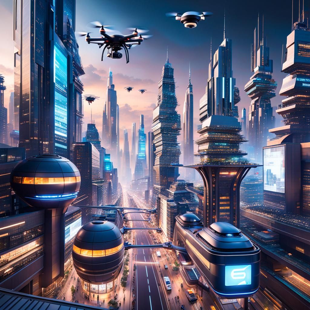 Hyperdetailed Futuristic Cityscape with Surveillance Drones