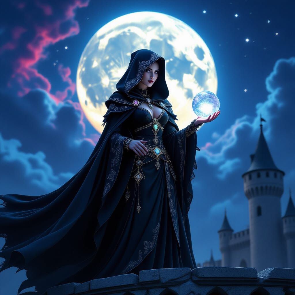 Drow Wizard with Crystal Ball on Moonlit Parapet