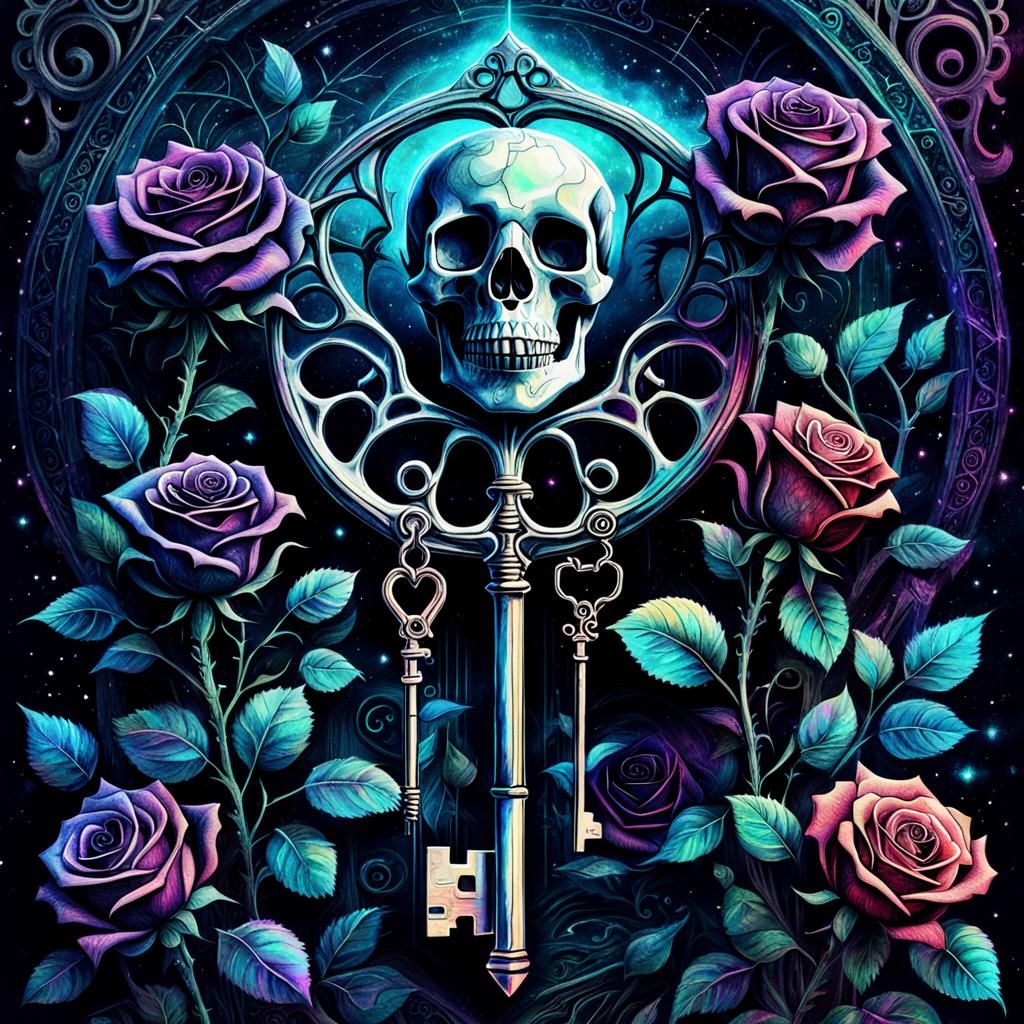 Eerie Skeleton Key with Black Roses: Cosmic Illustration