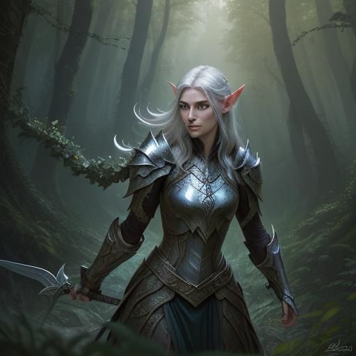 Fantasy Elf Warrior in Mystical Forest, Hyperrealistic Art