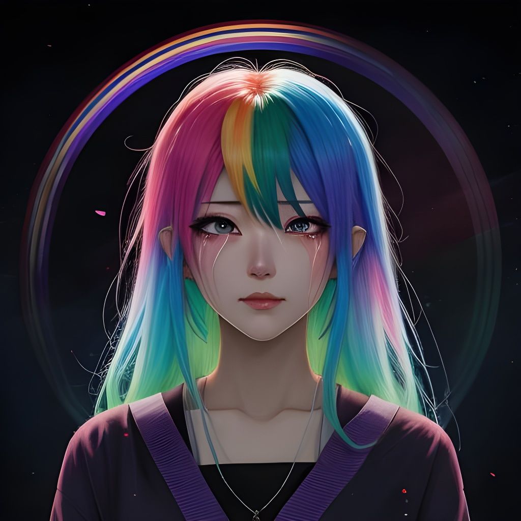 Rainbow-Haired Girl Crying in Anime Style