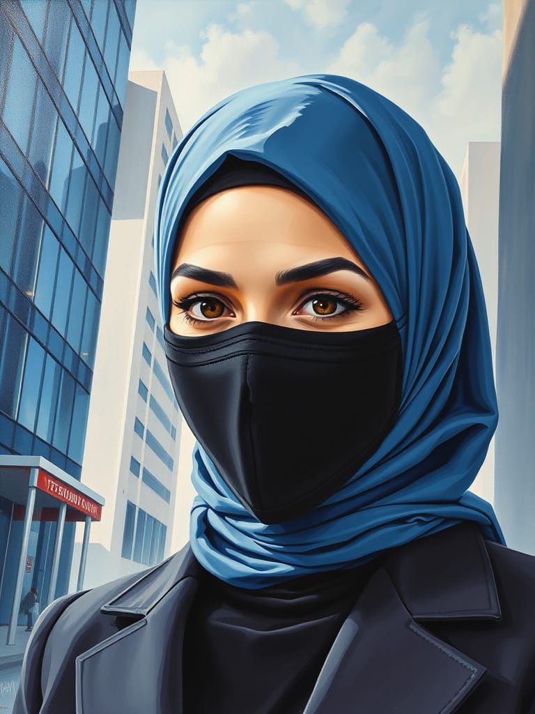 Hijabi Businesswoman in Modern City, Oil-Guache Style