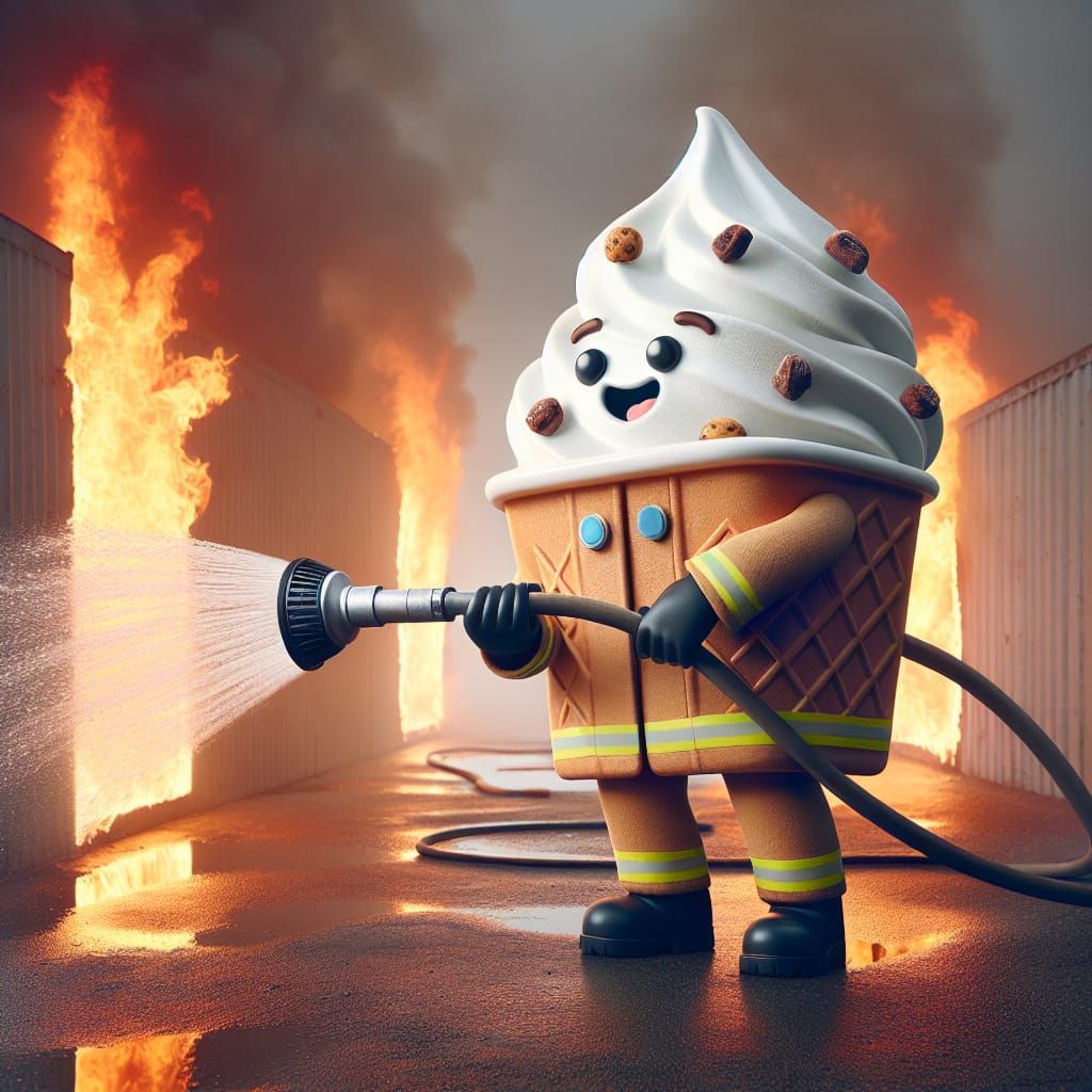 Ice Cream Fireman Battling Flames with Hose