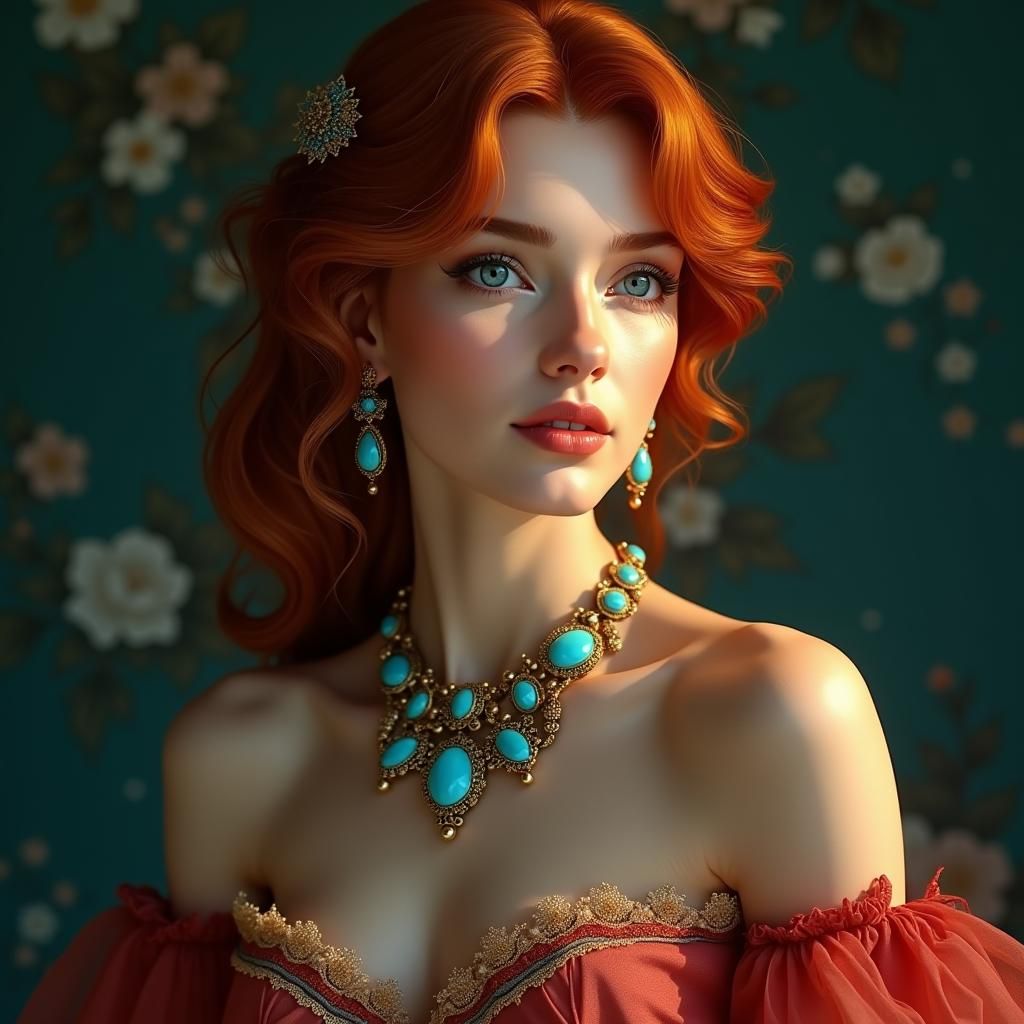 Elegant Woman with Red Hair in Art Nouveau Style