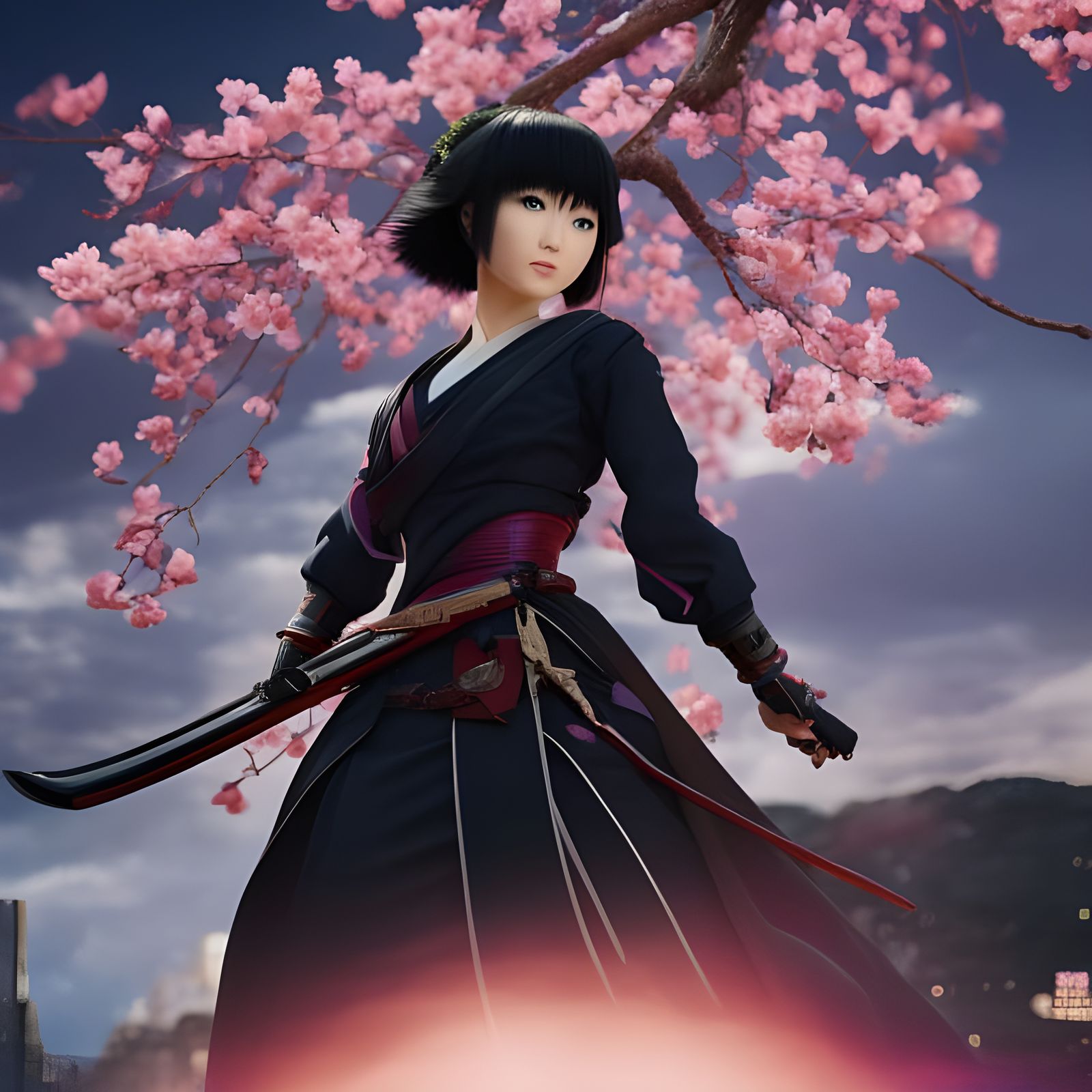 Neon-lit Samurai in Cherry Blossom Shower