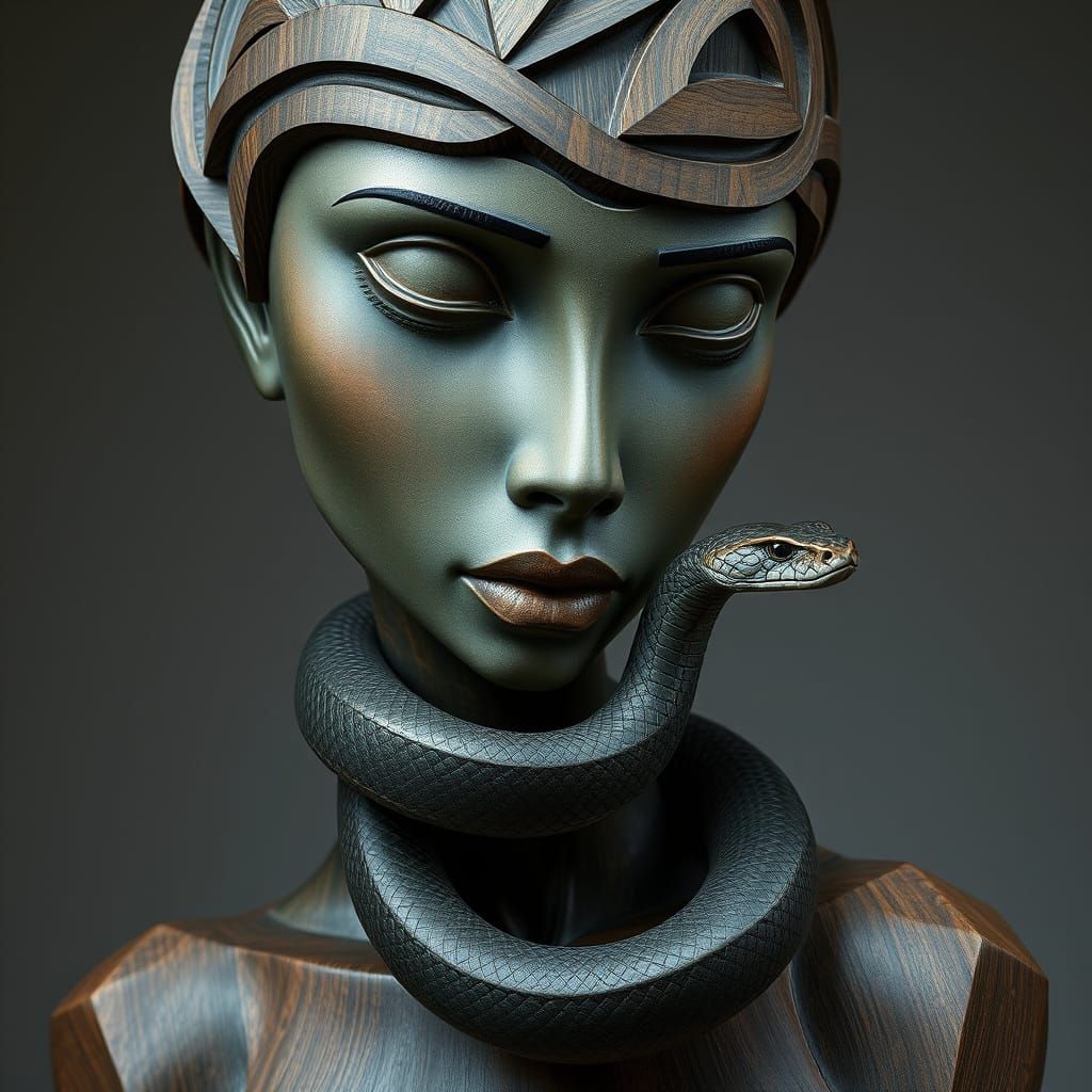 Sculpture of the Enigmatic Queen of Hearts in Rich Woodgrain