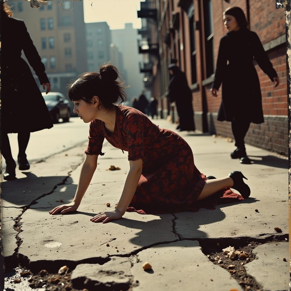 Woman Crawling on Cracked New York City Sidewalk in Muted Fi...