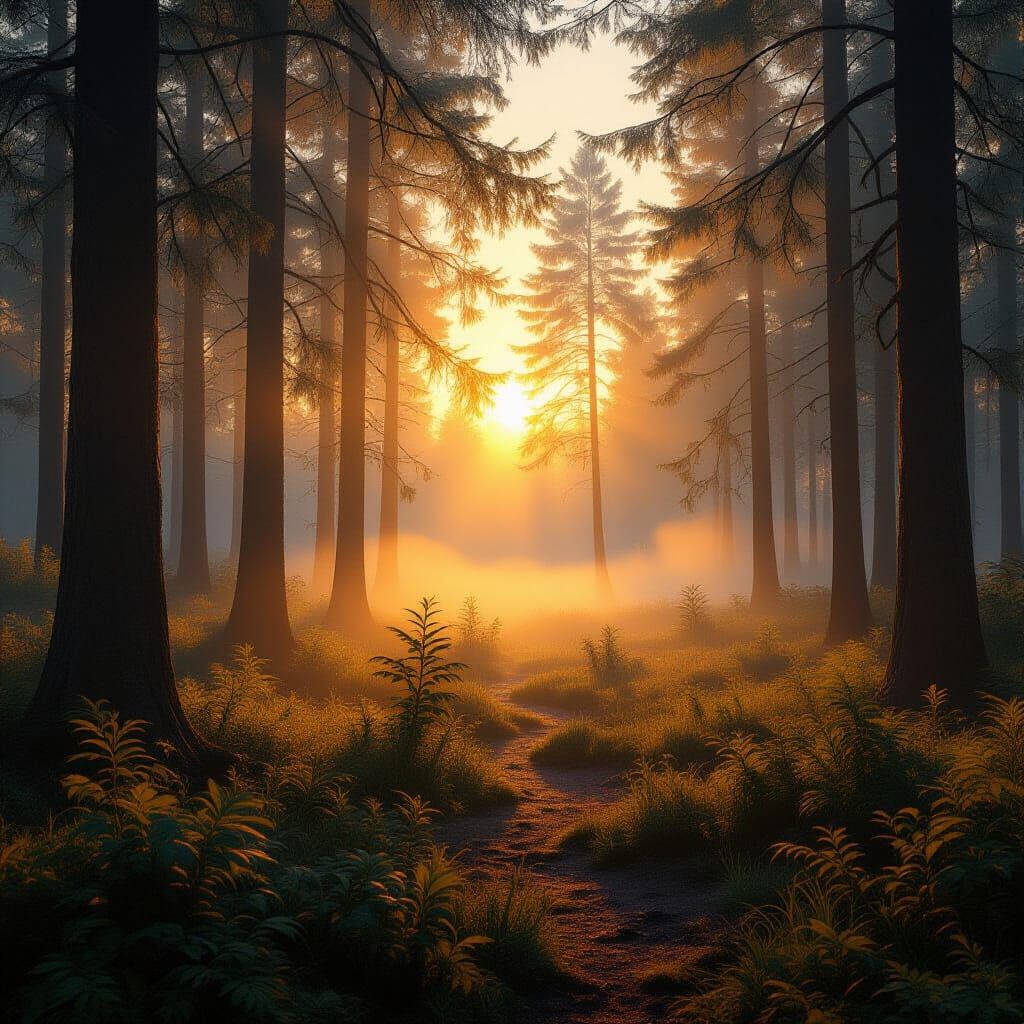 Ethereal Forest Sunrise in Matte Painting Style