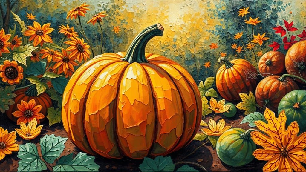 Pumpkin in Autumn Garden as Impasto Painting