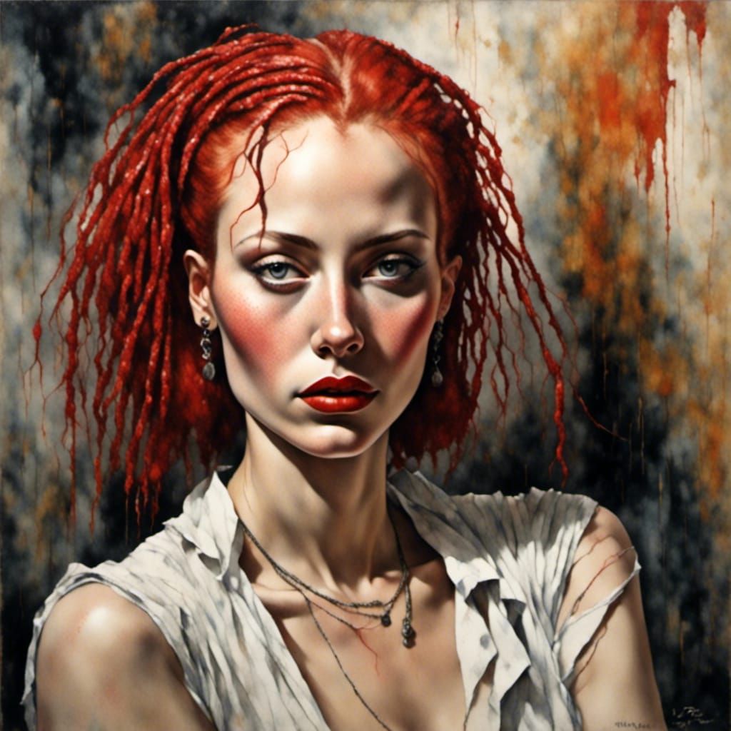 Art Deco Woman with Red Locs in Watercolor