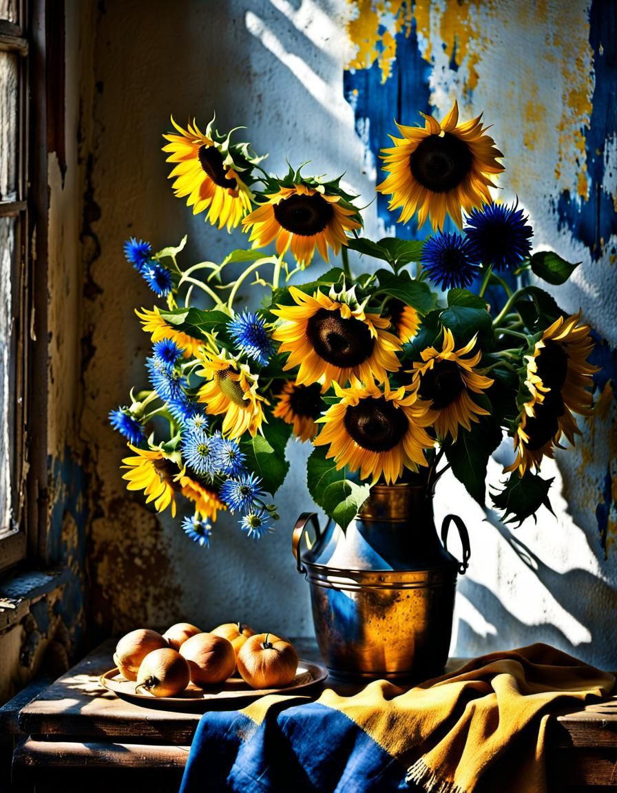 Sunflowers and Delft Blue Flowers, Magical Realism