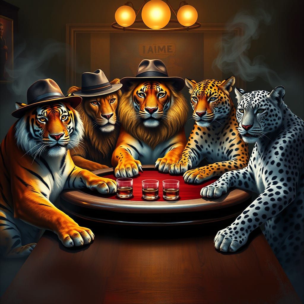 Majestic Big Cats Gather in Smoky Poker Den