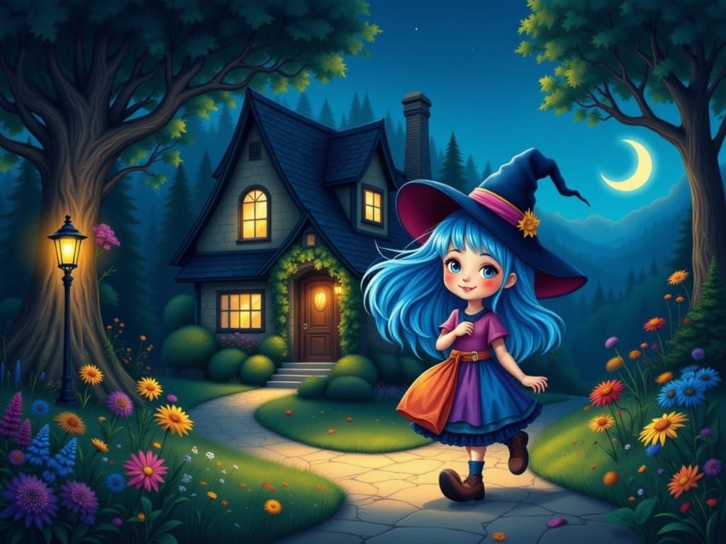 Happy Blue-Haired Witch Carries Bag to House at Night