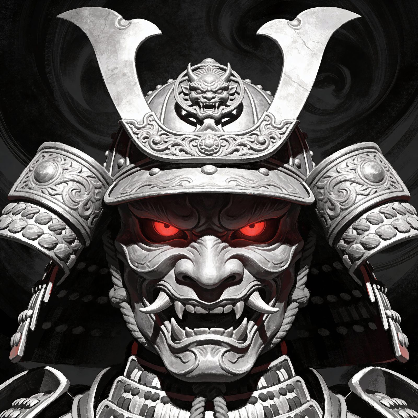 Demonic Samurai Mask with Glowing Red Eyes