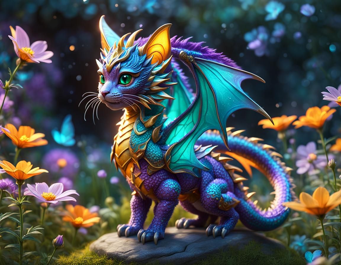 Cat-Dragon Hybrid in Blossoming Garden, Fantasy Concept Art