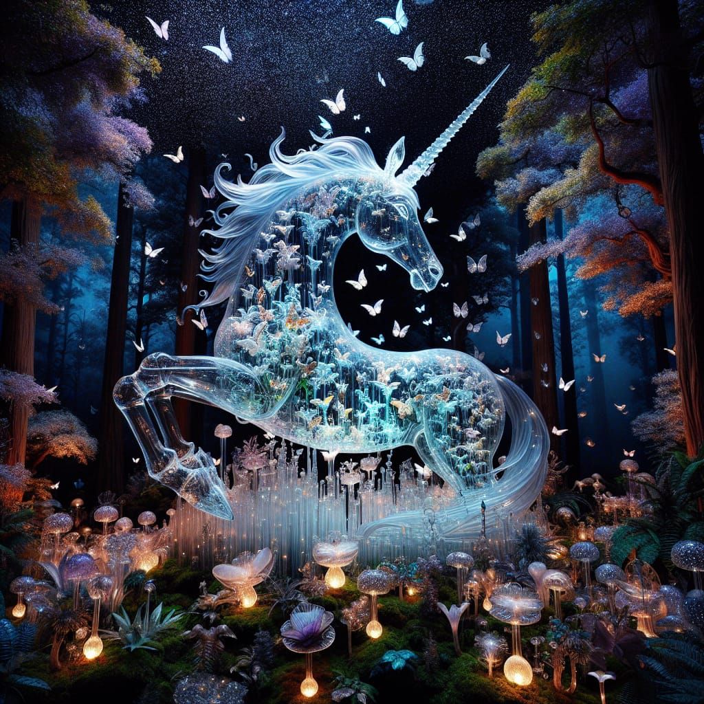 Crystal Unicorn Sculpture in Enchanted Forest
