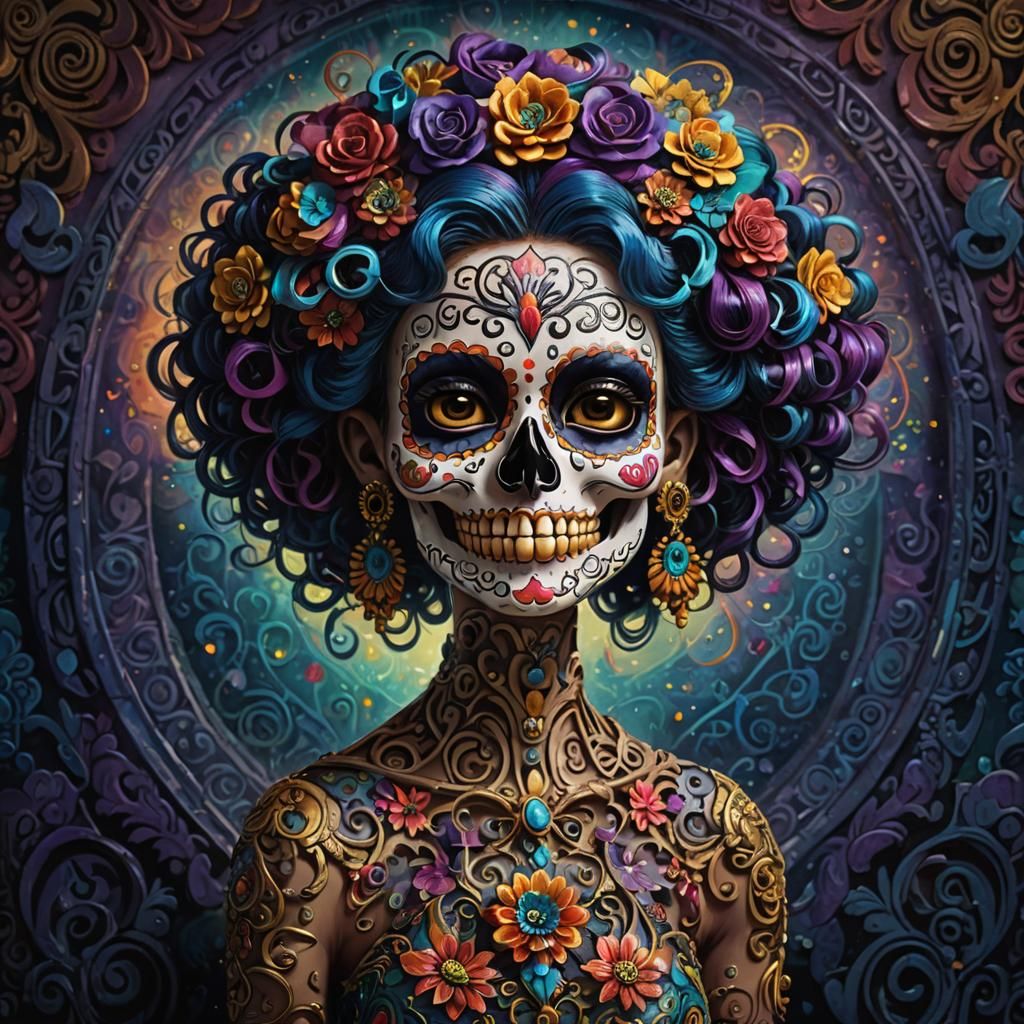 Colorful Sugar Skull Artwork in Diego Rivera Style