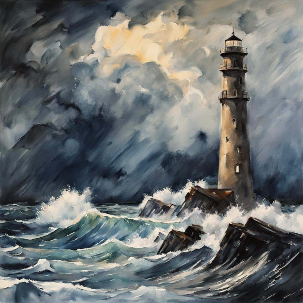 Gouache Lighthouse Amidst Stormy Seas