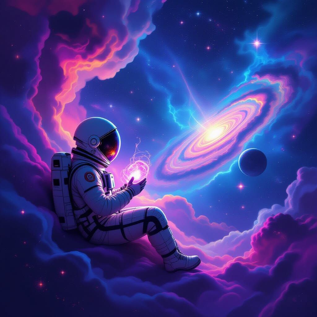 Astronaut Adrift in Nebula Clutching Glowing Artifact