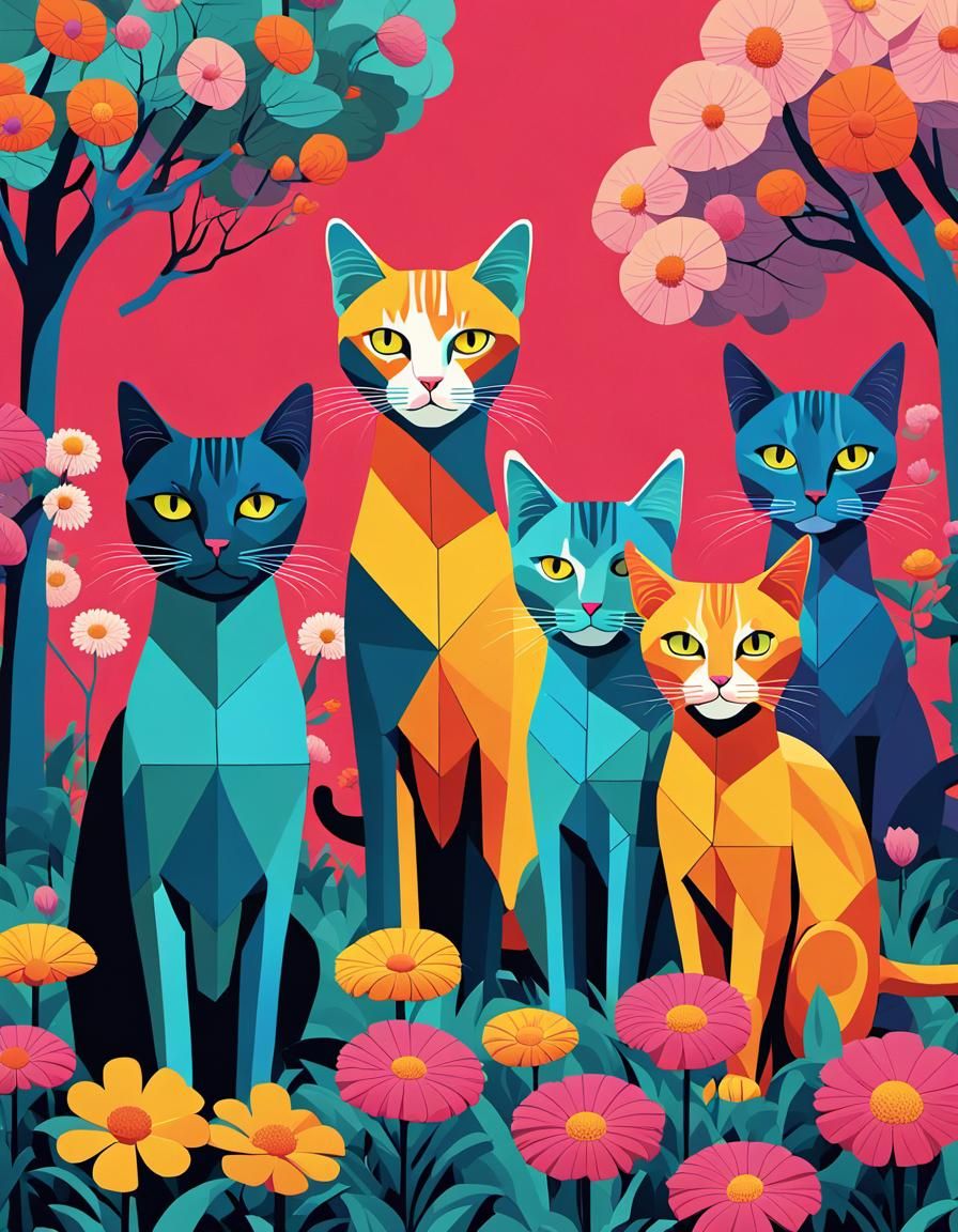 Long-Necked Cats in Floral Park: Pop Art Print