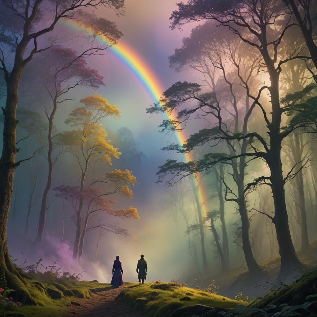 Mystical Forest Figure Under Rainbow: Fantasy Concept Art
