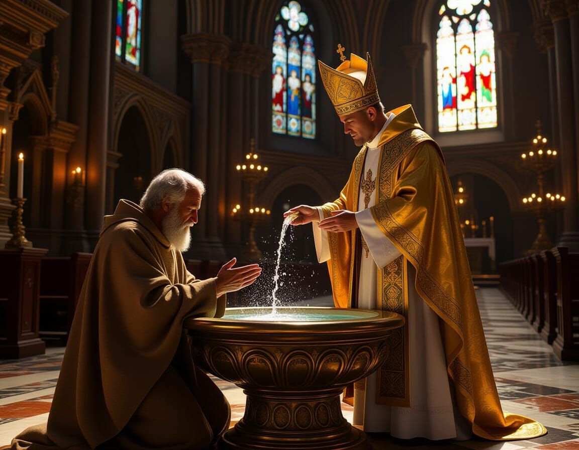 Elderly Man's Baptism in Ornate Church