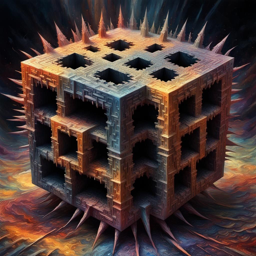 Disturbing Fractal Cube in Gothic Impressionist Style