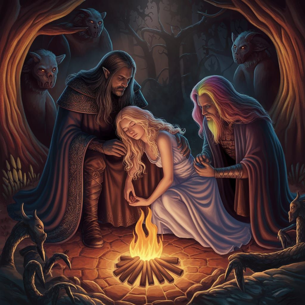 Dark Wizard Tenderly Cares for Sleeping Woman in Mystical Gr...