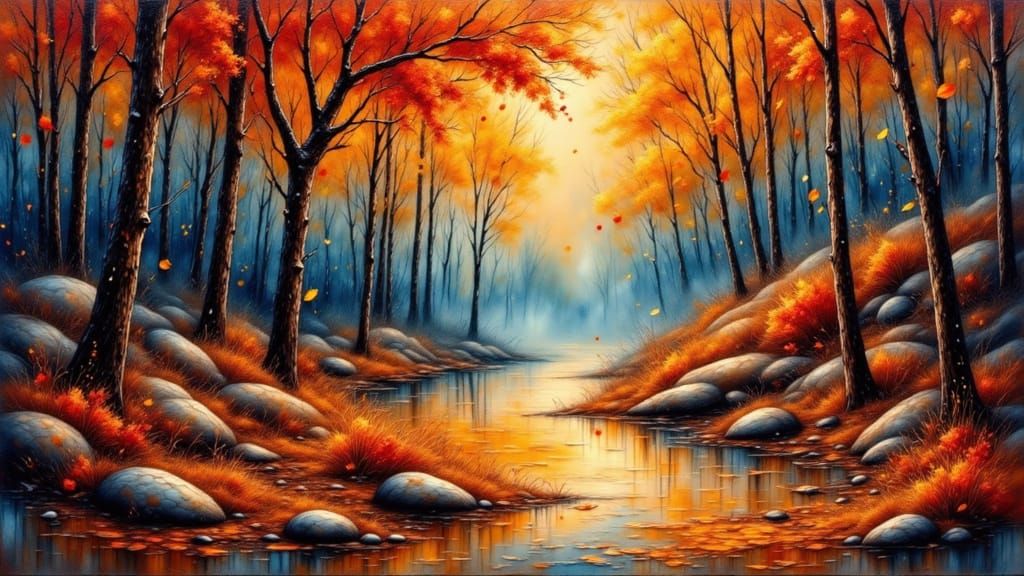 Dreamy Walk Under Golden Leaves in Abstract Expressionist St...