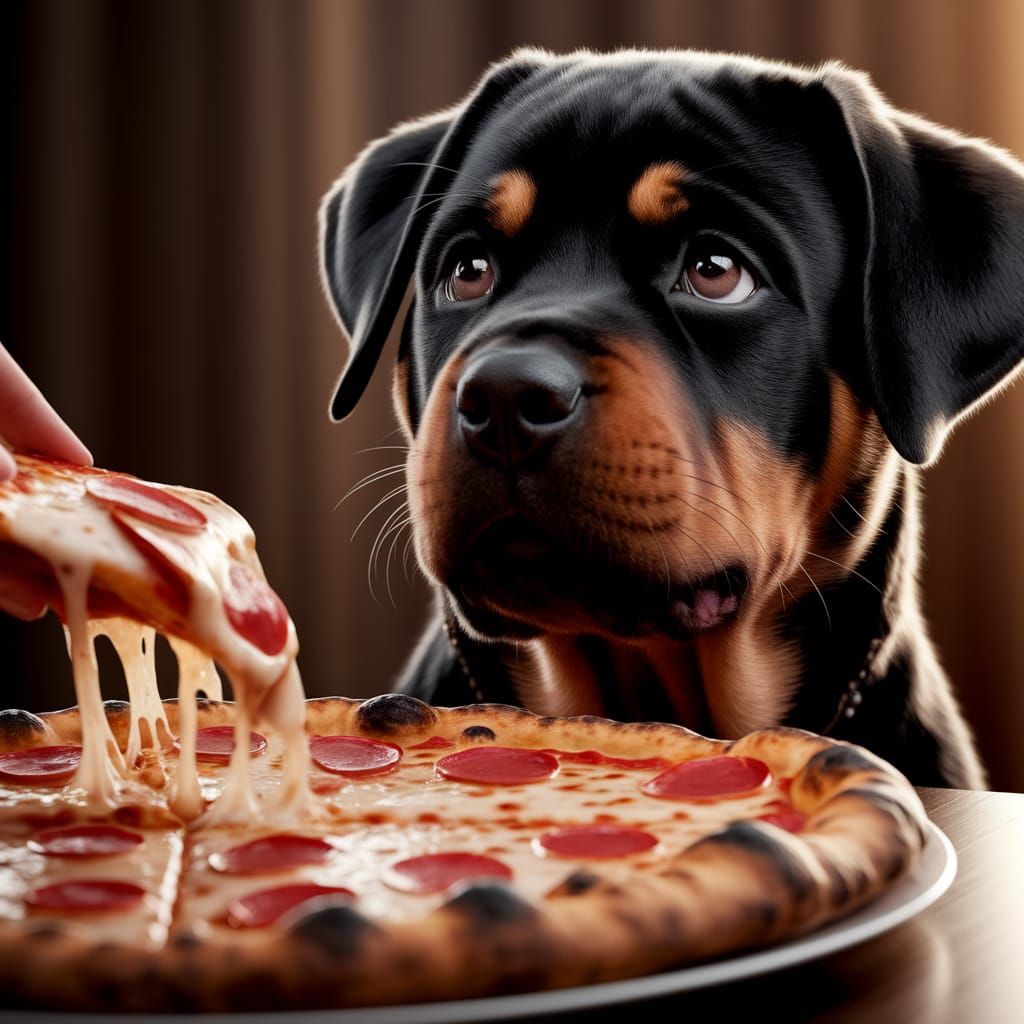 Rottweiler Puppy Begs for Pizza in High Definition