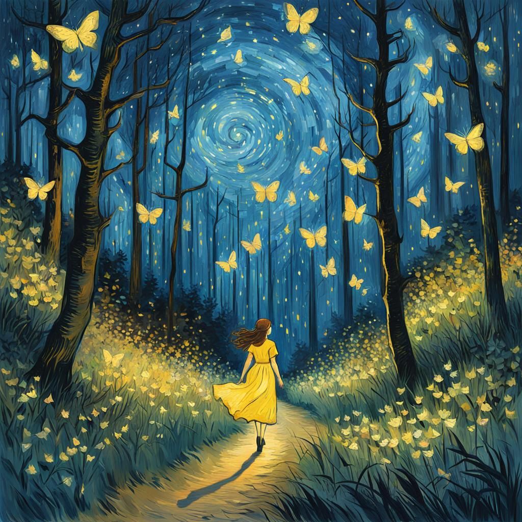 Firefly Girl in Forest, Post-Impressionist Illustration