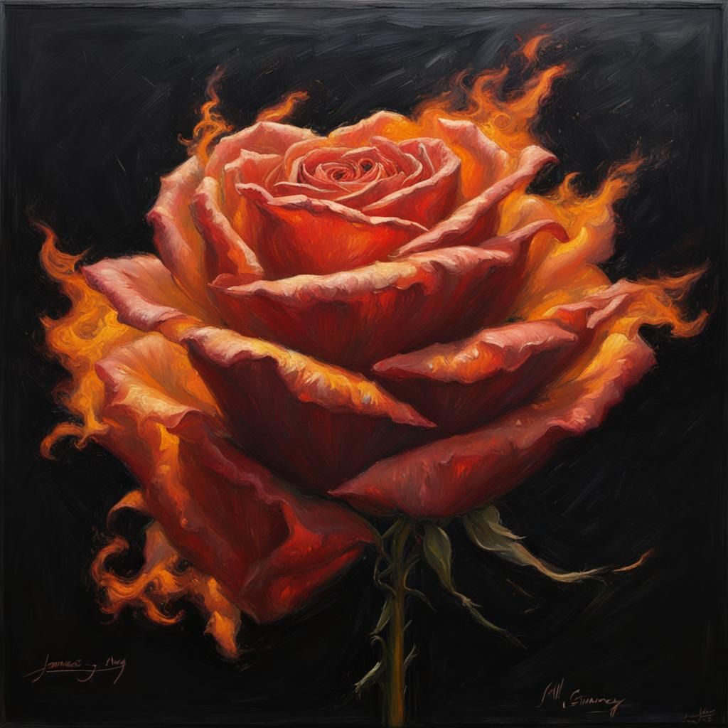 Flaming Rose in Black Space: Oil Painting